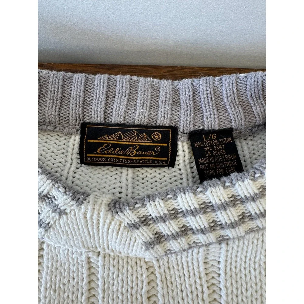Vintage Eddie Bauer Sweater Mens‎ Large White Chunky Knit Crewneck Pullover 90s - Picture 3 of 7